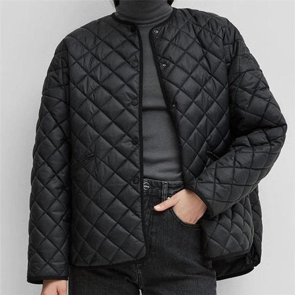 

women's jackets women jacket 2021 fall/winter rhombus round neck single-breasted loose versatile long-sleeved cotton, Black;brown