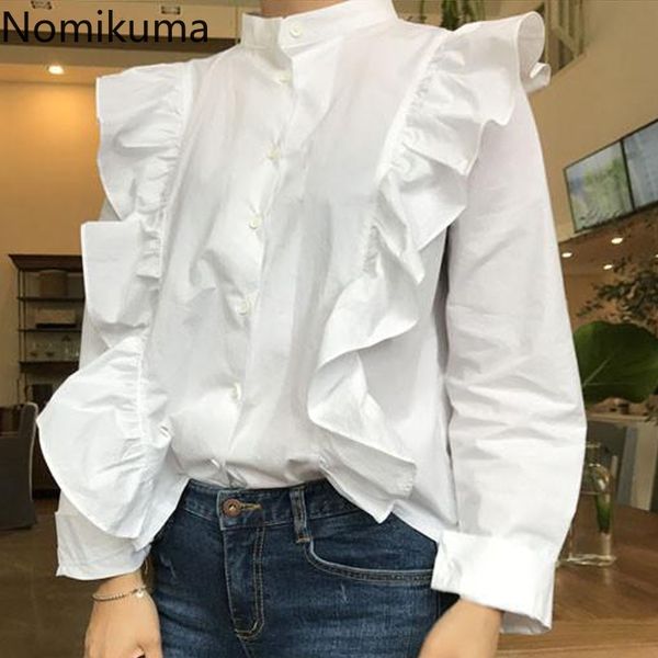

nomikuma korean autumn shirts women folds design ruffle patchwork long sleeve blouse female vintage fashion blusas mujer 3d459 210514, White