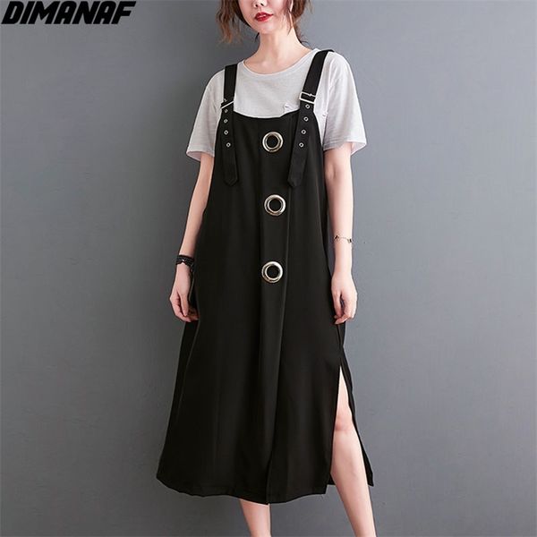 

plus size summer beach dress women sleeveless metal sundress belt black vest loose casual korea cotton 210531, Black;gray