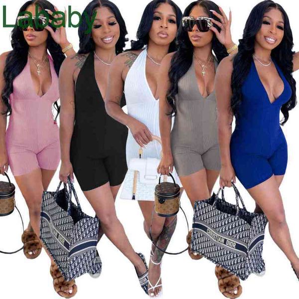 

women jumpsuits designer slim pit striped fabric halter bandage onesies v-neck sleeveless one piece pants casual solid color rompers, Black;white