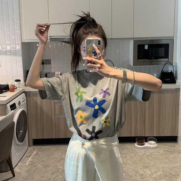 

women's summer t shirt short sleeve flower print women casual gray t-shirts fashion cotton for tees blusa t-shirt, White