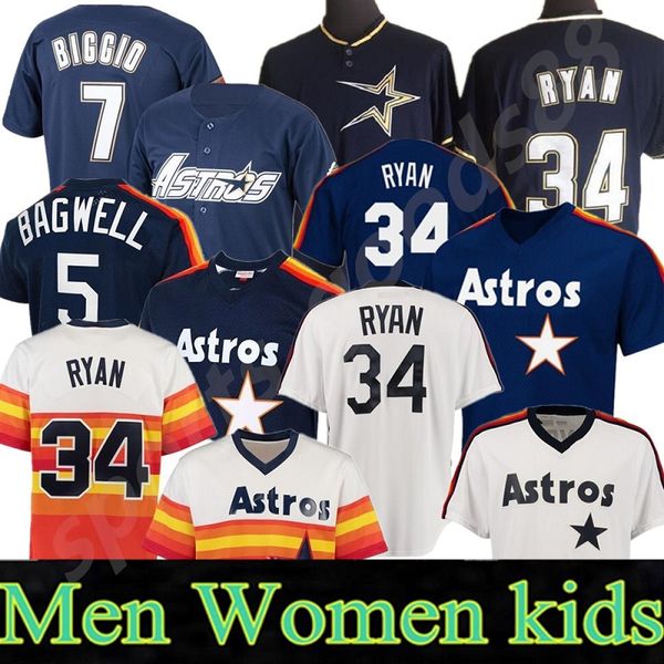 

custom 7 craig biggio astros jersey houston mens womens & youth kids knit 34 nolan ryan 5 jeff bagwell throwback baseball jerseys, Blue;black