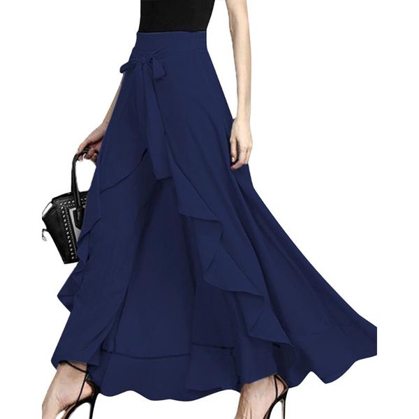 

women high waist maxi skirt with irregular hem, a-line lace up ruffled long skirts for summer 5 color s-xl 2021, Black