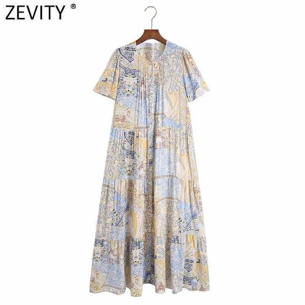 Zevity Women Vintage Puff Sleeve Press Pieghettato Petto Casual Midi Dress Panno femminile Patchwork Stampa Vestido Abiti DS8217 210603