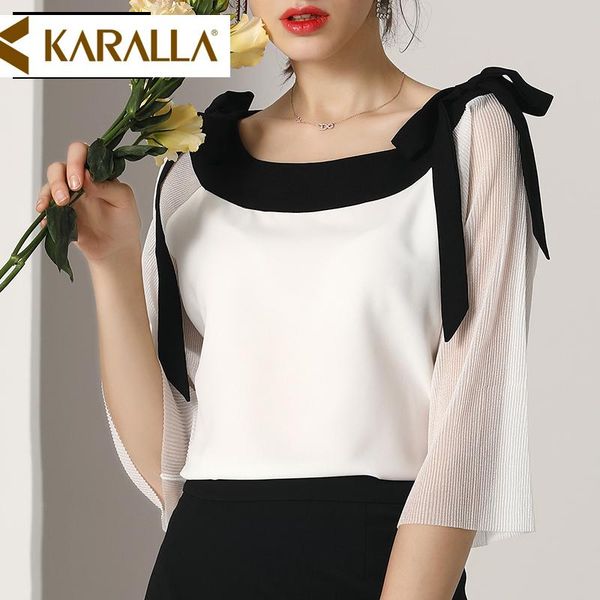 

women's blouses & shirts 2021 summer fairy seven-point sleeve shirt color contrast slash neck chiffon office lady blouse c494, White