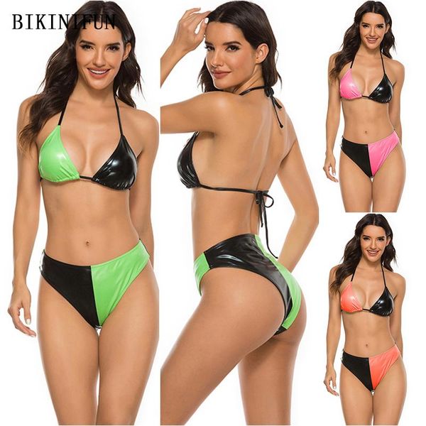 Sexy Faux Leather Swimsuit Women Solid Patchwork Triângulo Bralette Beachwear S-L Girl High Bikini Set