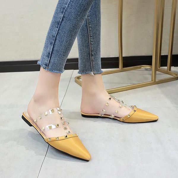 

slippers 2021 spring ladies outside fashion pointed solid color rivets soft comfortable skin-friendly elegant shoesu24-96, Black
