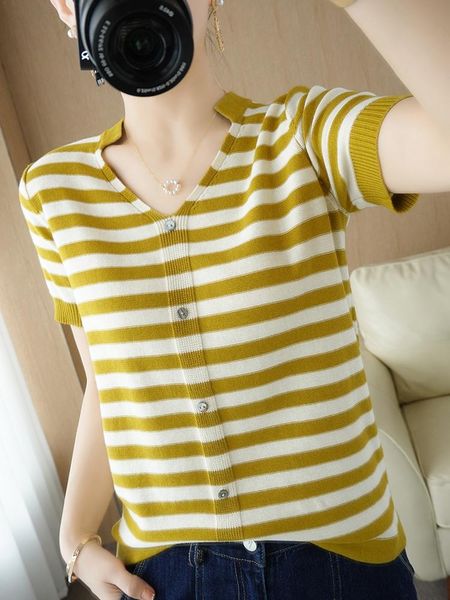 

women's t-shirt women candy color striped knitted short-sleeved sweater ladies cotton linen v-neck button decoration pullover tees, White