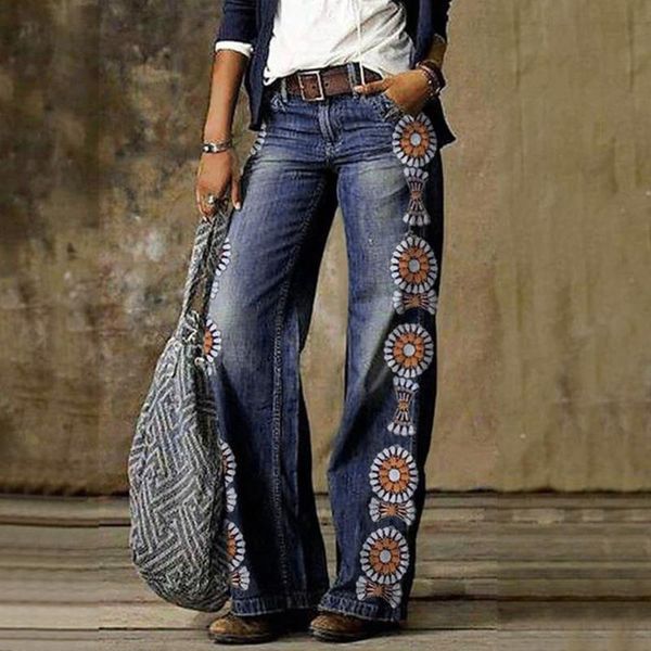 

yoga outfit women retro high waist wide leg floral print long loose jeans pants printed denim trousers fashion womens