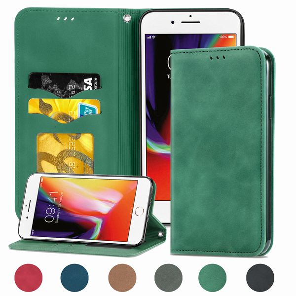 Handyhüllen für iPhone 6 7 8 Plus 11 12 Pro Mini X XS Max XR SE aus PU-Leder mit Magnetschnalle, Brieftaschen-Kartenfächern