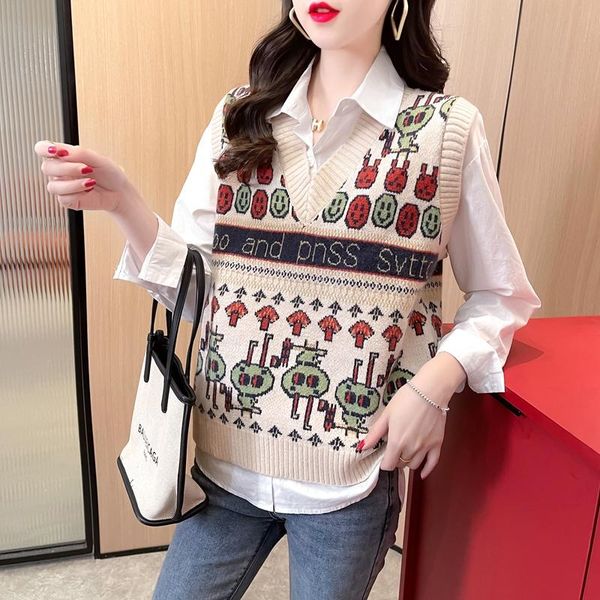 

women's sweaters 21329 (1 2 3) in the cartoon film geometry color matching sets v-neck vests [1675] 36, White;black