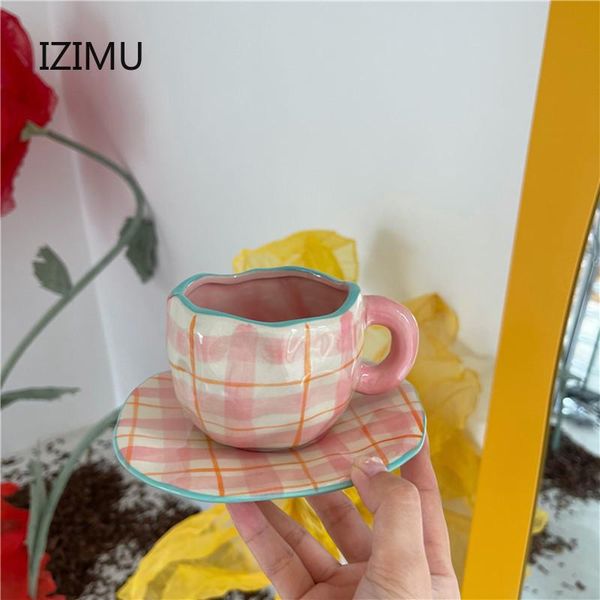 

mugs pink plaid creative porcelain cup and saucer ceramics simple modern design coffee cups meal dessert plate set