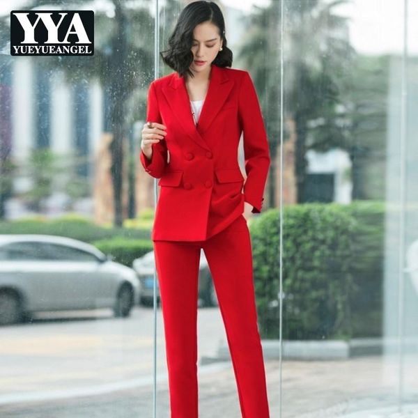 

autumn winter elegant office ladies slim suits womens two piece sets long sleeve blazer and ankle length pants fashion clothes women's, White