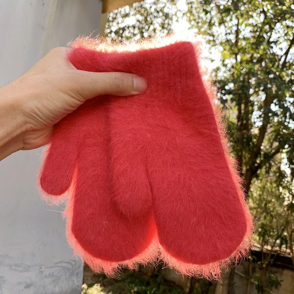 

sports gloves women winter keep warm plus velvet inside thicken full finger female cute lovely long fur solid soft mittens, Black