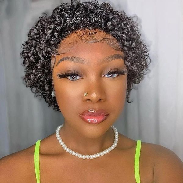 

lace wigs 6 inch short curly front human hair 13x1 pixie cut hd, Black;brown