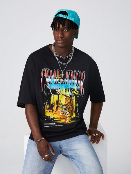 

men letter & tiger print drop shoulder tee 19n3#, White;black