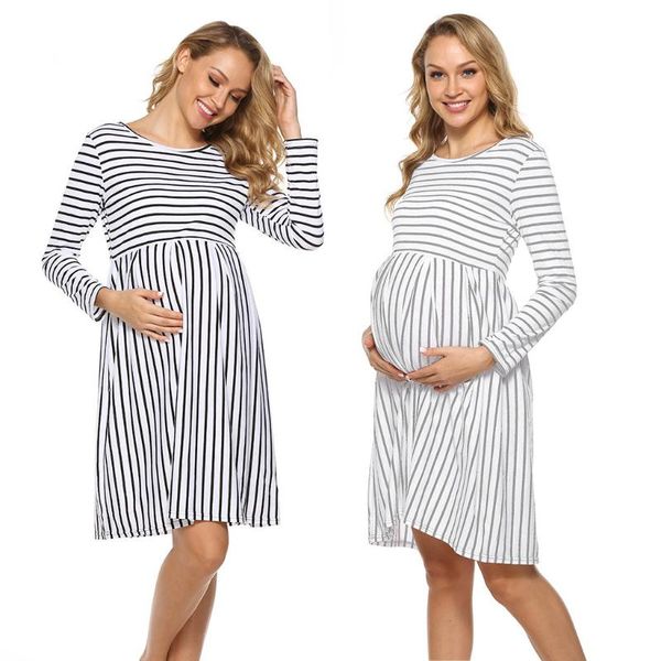 

maternity dresses summer fashion casual pregnancy striped patchwork clothes women pregnant nursing solid breastfeeding dress, White