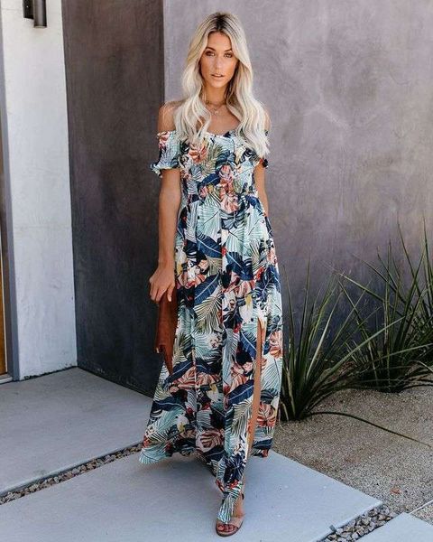 

casual bohemian ins dresses rayon print swing dress long skirt, Black;gray