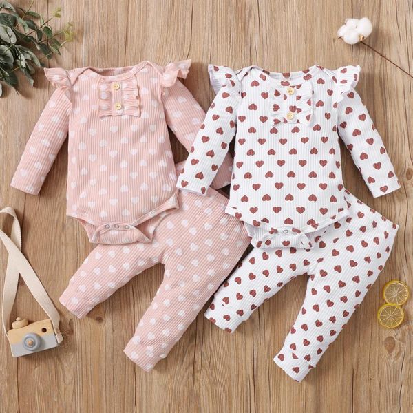 

clothing sets 2pcs baby outfits heart print ribbed ruffled long sleeves romper + elastic waist pants for toddler girls 0-18 months, White