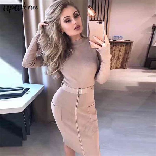 Moda feminina de outono sexy cor sólida cinto de correspondência bodycon manga comprida rodada vestido de festa de pescoço por atacado vestidos 210524