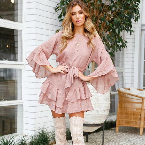 

casual dresses lofia ruffle dress women's flared sleeve linen mini kawaii robe de plage frau kleid jurk kadin elbise, Black;gray