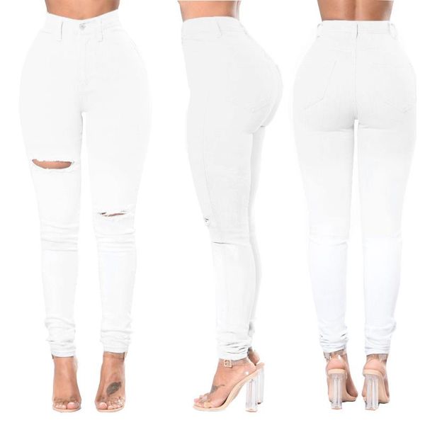 

women's jeans white high waist pierced women solid color casual pants, Blue