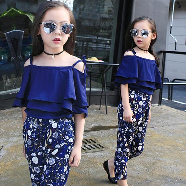 

clothing sets girls summer clothes outfits 2021 teenagers chiffon cotton off shoulder suspender blouse shirts+ floral pants, White