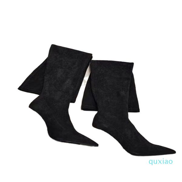 Oberschenkelhoher Stiefel für Damen, Winterabsätze, Buchstaben, hoher Kanister, Stoffe, Stretch-Samt, Neri-Kristall-Schaffell, Stiletto-Absatz, 9,5 cm, Originalqualität