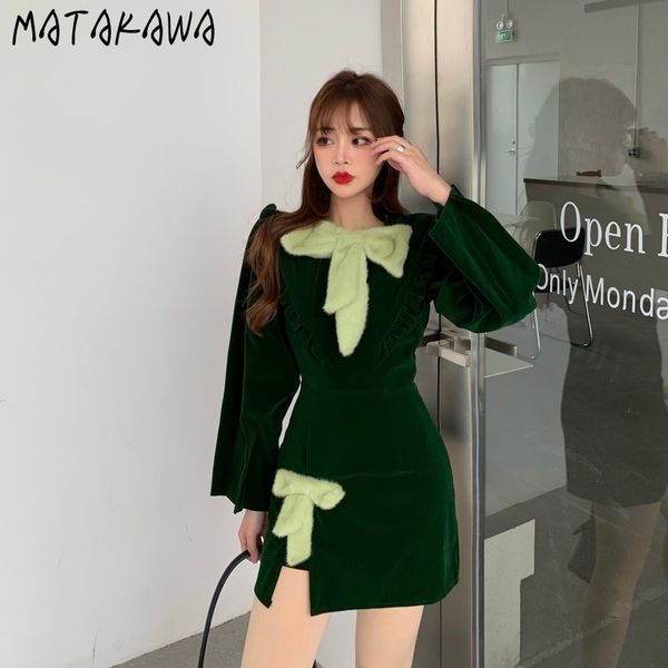 

matakawa retro plush bow vestido de mujer ruffle collar a-line mini women dress puff sleeve o-neck femme robe korean clothing 210513, Black;gray