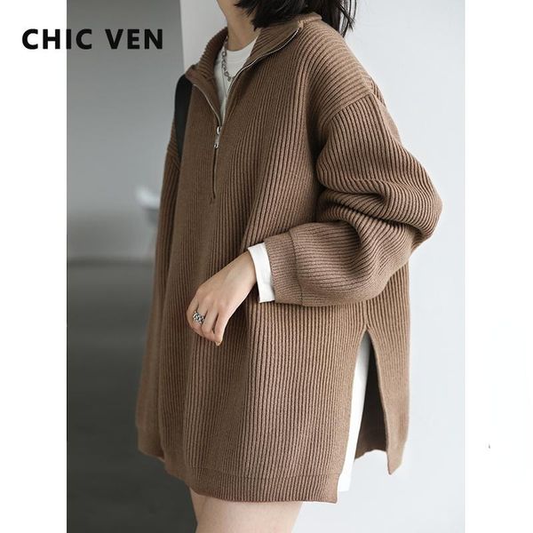 

women's sweaters chicven womens casual solid color stand collar half zipper side slit knitted thickened sweater for women, White;black