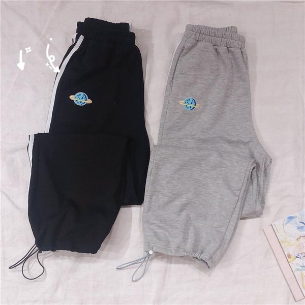 

women sweet planet patch embroidery trousers drawstring girls 2021 elastic waist wild casual straight pants preppy style women's & capr, Black;white