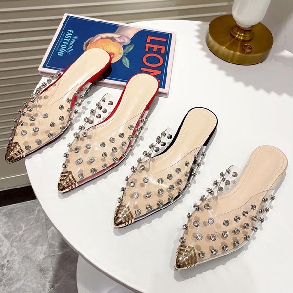 

women slippers transparent pvc slip on mules slides shoes woman fashion nail ladies flats pointed toe, Black