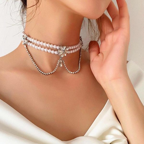 

pendant necklaces vintage a two-wear crystal-studded pearl necklace european and american fashion flower pendent headband women jewelry, Silver