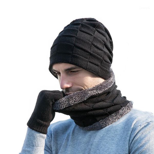 

berets winter man hat gloves scarf two-piece three-piece set knitted men's outdoor warm beanie cap, Blue;gray