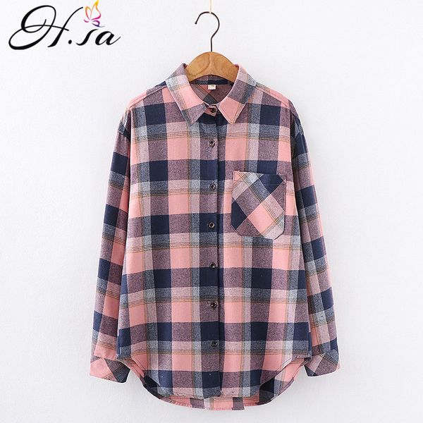

hsa women spring blouses turn down collar plaid casual long sleeve cotton chic streetwear loose harajuku shirts 210417, White