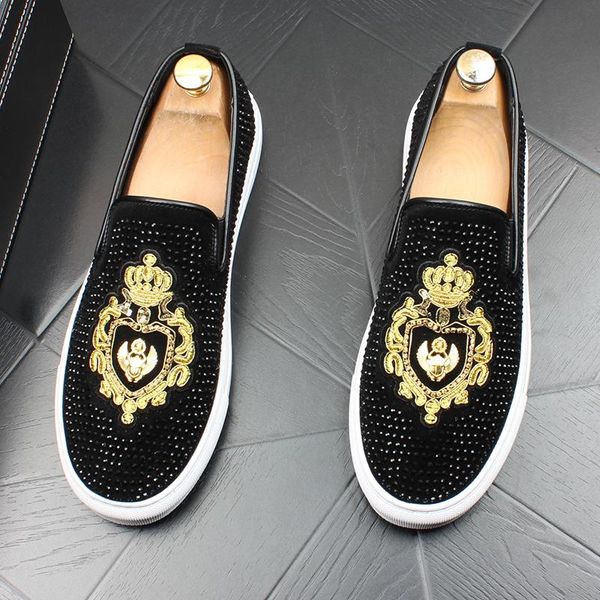 

dress shoes luxury dandelion spikes flat rivets leather fashion men embroidery loafer smoking slipper casual shoe, Black