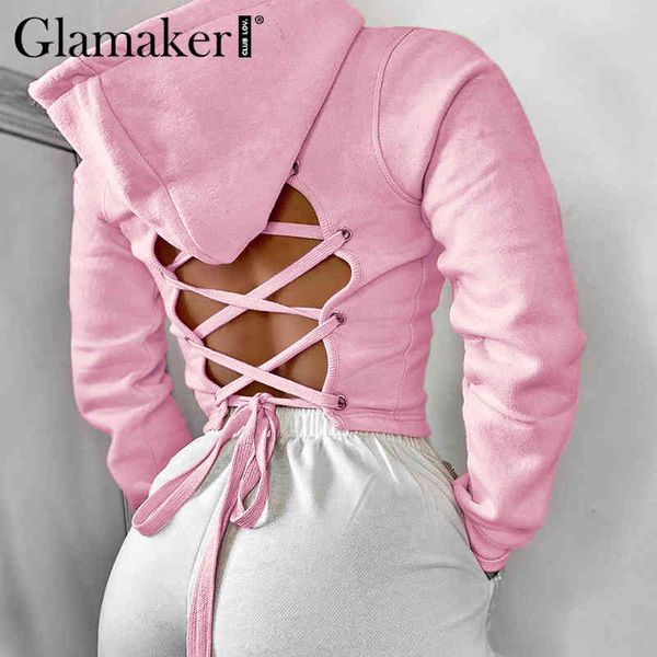 

glamaker backless pink hoodie sweatshirt women long sleeve bandage streetwear sweatshirt female casual autumn thin sweatshirts 210412, Black