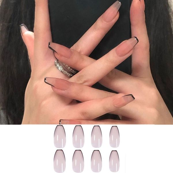 

false nails 24pcs/box women artificial full cover manicure tool fake nail tips black french wearable, Red;gold