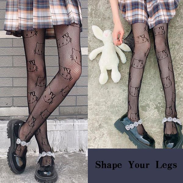 

socks & hosiery casual harajuku ladies sweet exotic breathable cute cat printed sheer pantyhose mesh hollow lolita tight nylon stocking, Black;white