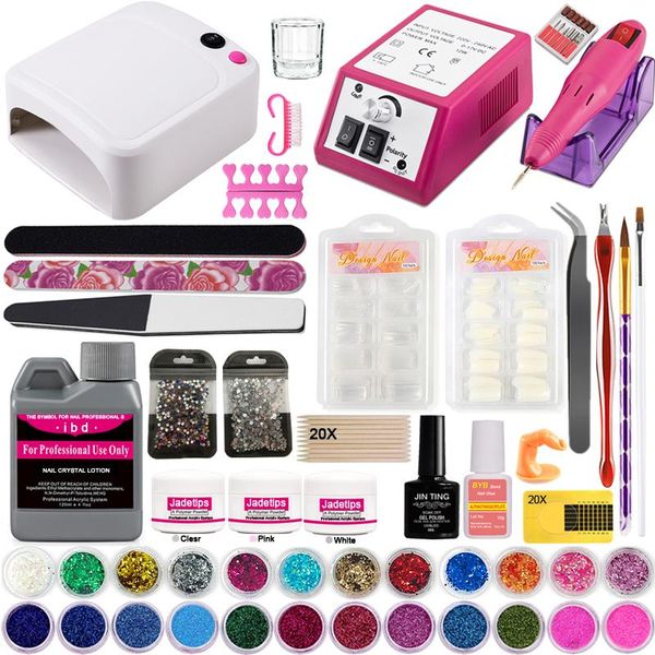 

nail art kits acrylic kit full manicure set for liquid decoration crystal brush tips tools with uv lamp driller