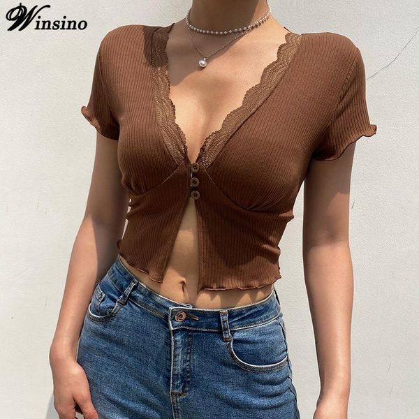 

women's t-shirt summer shirt short sleeve v neck women navel lace breasted cardigan commute fashion brown knitted casual top, White