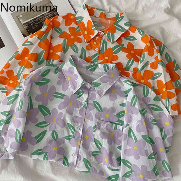 Nomikuma Bluz Kadın Kore Tarzı Çiçek Desen Kısa Kollu Gömlek Dönüş Dowm Yaka Tek Göğüslü Gevşek Tops Blusa 210514