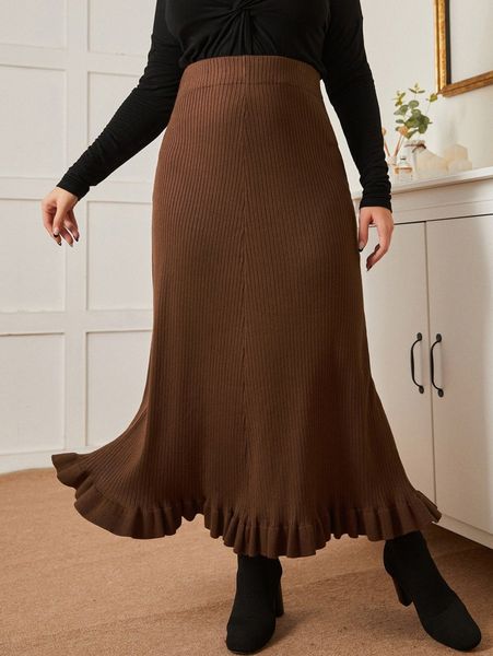 

sbetro plus high waist ruffle hem ribbed knit skirt z9vz#, Black