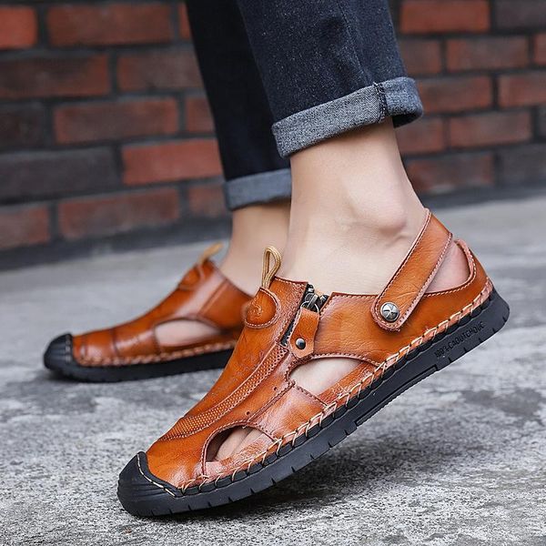 

sandals outdoors genuine leather casual flat men's shoes fashion comfort 2021 summer male slides ankle strap holes slip-ons, Black
