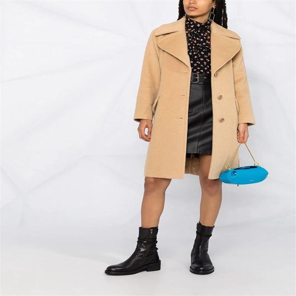 

women's wool & blends fashion coat women autumn winter lapel rear belt long solid woolen jacket ladies loose overcoat outerwear g1514, Black
