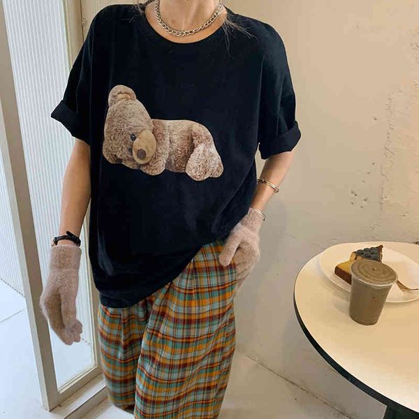 

hoodies ytx191 loose mid-vintage length bear print super fire short shirt, Black