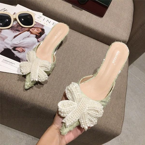

slippers women pearl bling sequin low heels mules ladies pointed toe butterfly knots crystal outside 5cm high slides shoes, Black