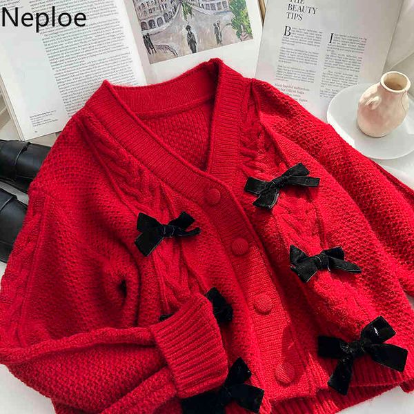 

neploe spring sweaters women sweet bow knitwear cardigan female v-neck single breasted knit short red coat sueter mujer 4h396 210422, White