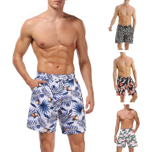 

men quick dry drawstring waist swim tropical leaves beach board shorts two-piece suits