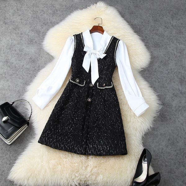 

casual dresses european and american women's clothing new style for spring long sleeved white shirt fashion shiny silk dress two-piece, Black;gray
